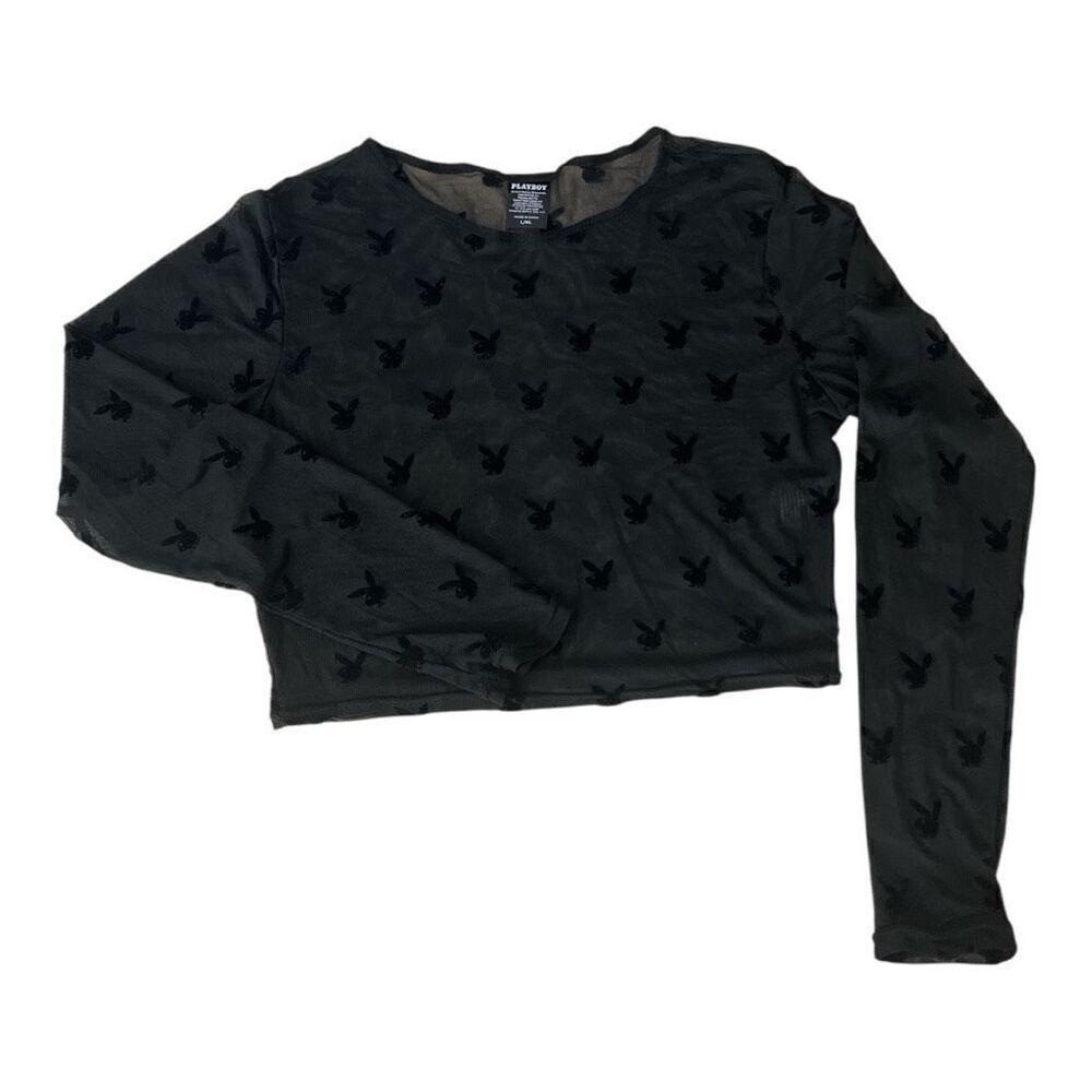 Play Boy Women Crop Top Size L/XL Black Lace Sheer Long-Sleeve Scoop-Neck Blouse